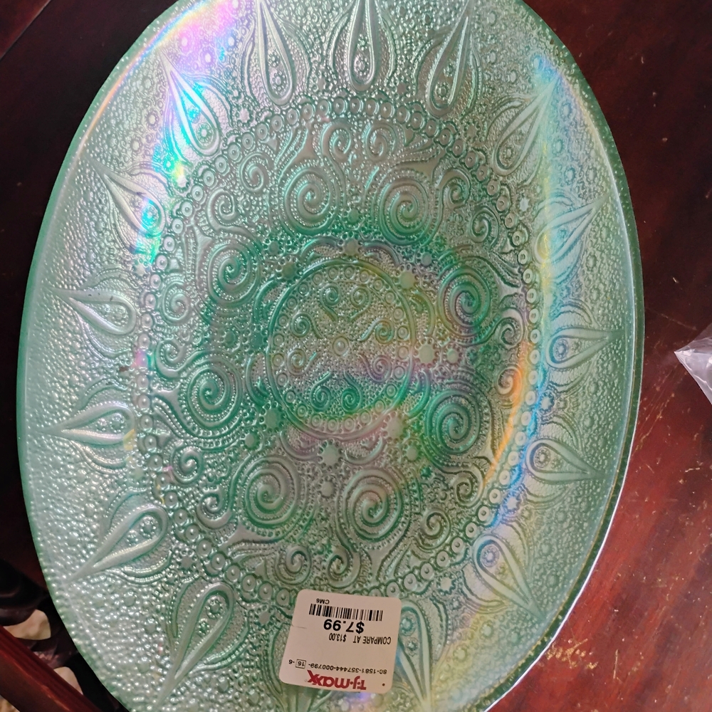 Iridescent Green Embossed Glass Decorative Plate - Home Accent